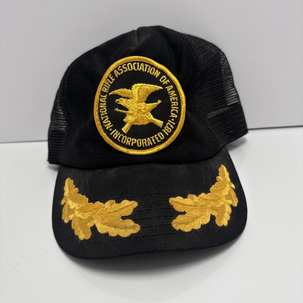 NRA Hat Mesh Snapback Trucker Black Gold Leaf Emblem Cap Made in USA embroider